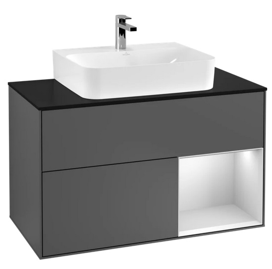 Тумба под раковину Villeroy & Boch Finion 100х50,1 см с подсветкой МДФ антрацит матовый лак/белый матовый лак/стекло черное матовое F122MTGK