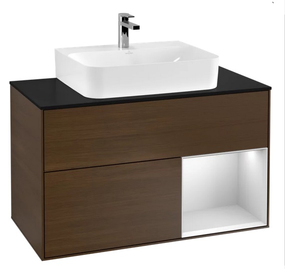 Тумба под раковину Villeroy & Boch Finion 100х50,1 см с подсветкой ДСП шпон грецкого ореха/белый матовый лак/стекло черное матовое F122MTGN