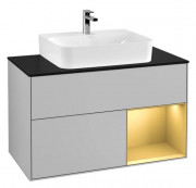 Тумба под раковину Villeroy & Boch Finion 100х50,1 см с подсветкой МДФ светло-серый матовый лак/золотой матовый лак/стекло черное матовое F122HFGJ