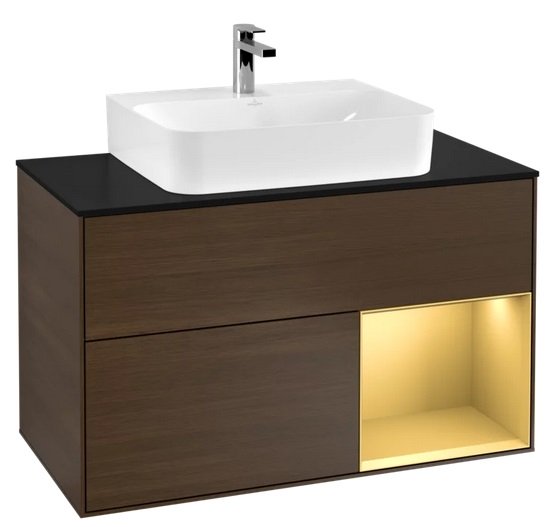 Тумба під раковину Villeroy & Boch Finion 100х50,1 см з підсвічуванням ДСП шпон волоського горіха/золотий матовий лак/скло чорне матове F122HFGN