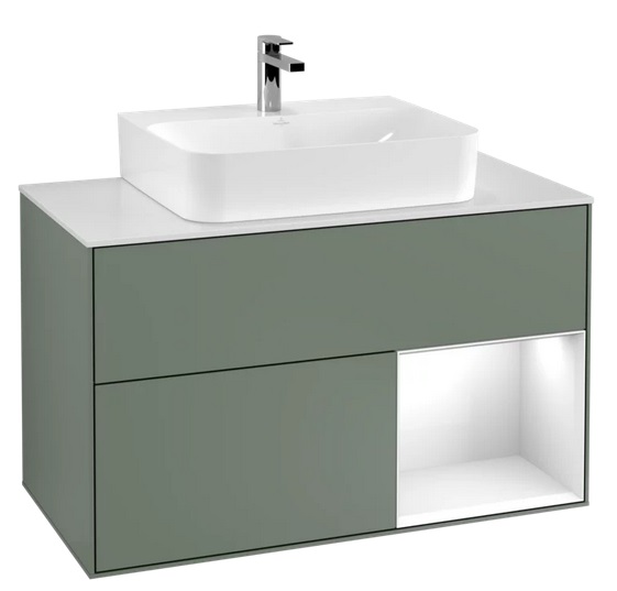 Тумба под раковину Villeroy & Boch Finion 100х50,1 см с подсветкой МДФ оливковый матовый лак/глянцевый белый лак/стекло белое матовое F121GFGM