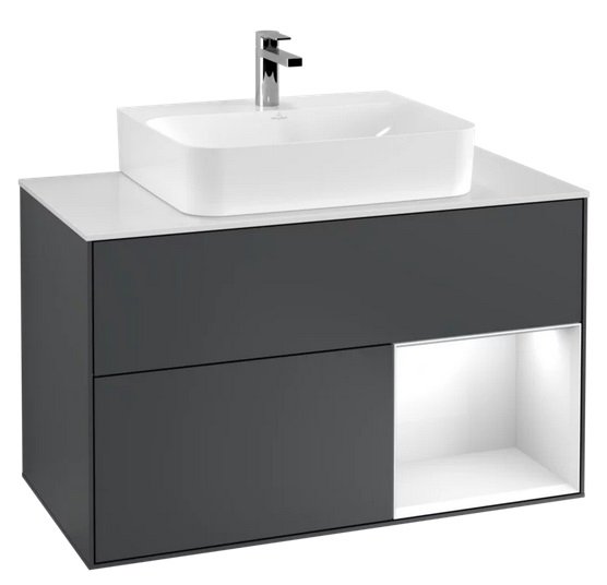 Тумба під раковину Villeroy & Boch Finion 100х50,1 см з підсвічуванням темно-синій матовий лак/глянцевий білий лак/скло біле матове F121GFHG