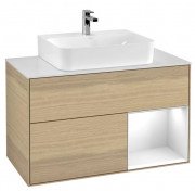 Тумба под раковину Villeroy & Boch Finion 100х50,1 см с подсветкой ДСП шпон дуба/глянцевый белый лак/стекло белое матовое F121GFPC