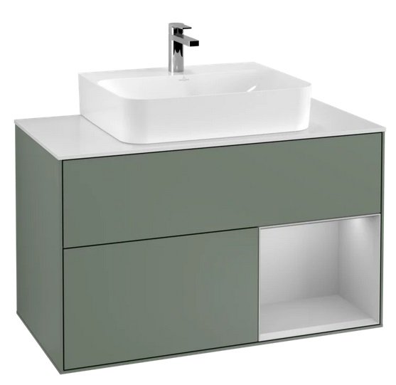 Тумба под раковину Villeroy & Boch Finion 100х50,1 см с подсветкой МДФ оливковый матовый лак/светло-серый матовый лак/стекло белое матовое F121GJGM