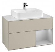 Тумба под раковину Villeroy & Boch Finion 100х50,1 см с подсветкой МДФ песок матовый лак/светло-серый матовый лак/стекло белое матовое F121GJHH