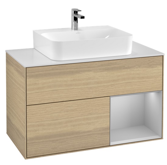 Тумба під раковину Villeroy & Boch Finion 100х50,1 см з підсвічуванням ДСП шпон дуба/світло-сірий матовий/скло біле матове F121GJPC