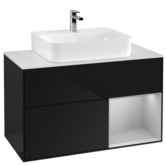 Тумба под раковину Villeroy & Boch Finion 100х50,1 см с подсветкой МДФ глянцевый черный лак/светло-серый матовый/стекло белое матовое F121GJPH