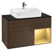 Тумба під раковину Villeroy & Boch Finion 100х50,1 см з підсвічуванням ДСП шпон волоського горіха/золотий матовий лак/скло чорне матове F122HFGN