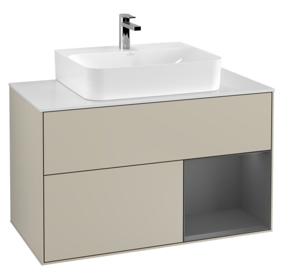 Тумба под раковину Villeroy & Boch Finion 100х50,1 см с подсветкой МДФ песок матовый лак/антрацит матовый лак/стекло белое матовое F121GKHH