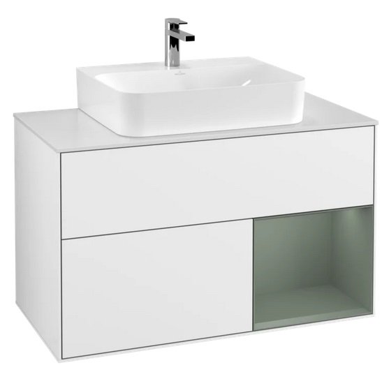 Тумба под раковину Villeroy & Boch Finion 100х50,1 см с подсветкой МДФ глянцевый белый лак/оливковый матовый лак/стекло белое матовое F121GMGF