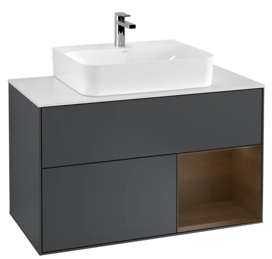 Тумба под раковину Villeroy & Boch Finion 100х50,1 см с подсветкой МДФ темно-синий матовый лак/шпон грецкого ореха/стекло белое матовое F121GNHG