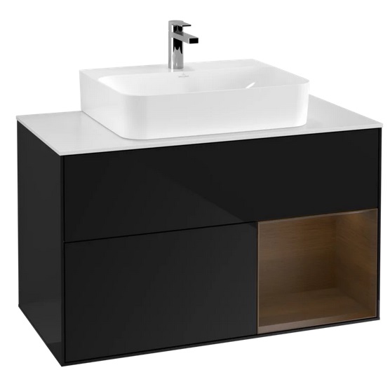 Тумба под раковину Villeroy & Boch Finion 100х50,1 см с подсветкой МДФ глянцевый черный лак/шпон грецкого ореха/стекло белое матовое F121GNPH