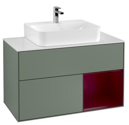 Тумба під раковину Villeroy & Boch Finion 100х50,1 см із підсвічуванням МДФ оливковий матовий лак/півон матовий лак/скло біле матове F121HBGM