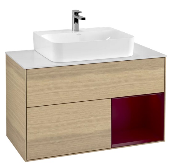 Тумба под раковину Villeroy & Boch Finion 100х50,1 см с подсветкой ДСП шпон дуба/пион матовый лак/стекло белое матовое  F121HBPC