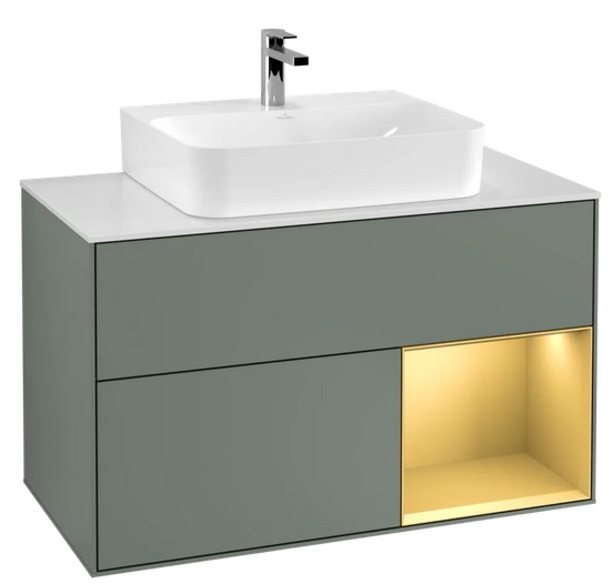 Тумба под раковину Villeroy & Boch Finion 100х50,1 см с подсветкой МДФ оливковый матовый лак/золото матовый лак/стекло белое матовое F121HFGM
