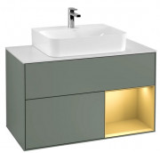 Тумба под раковину Villeroy & Boch Finion 100х50,1 см с подсветкой МДФ оливковый матовый лак/золото матовый лак/стекло белое матовое F121HFGM