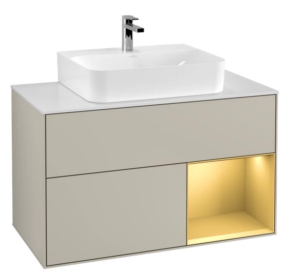 Тумба под раковину Villeroy & Boch Finion 100х50,1 см с подсветкой МДФ песок матовый лак/золото матовый лак/стекло белое матовое F121HFHH