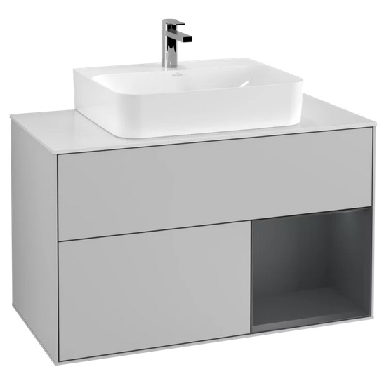 Тумба под раковину Villeroy & Boch Finion 100х50,1 см с подсветкой МДФ светло-серый матовый лак/темно-синий матовый лак/стекло белое матовое F121HGGJ