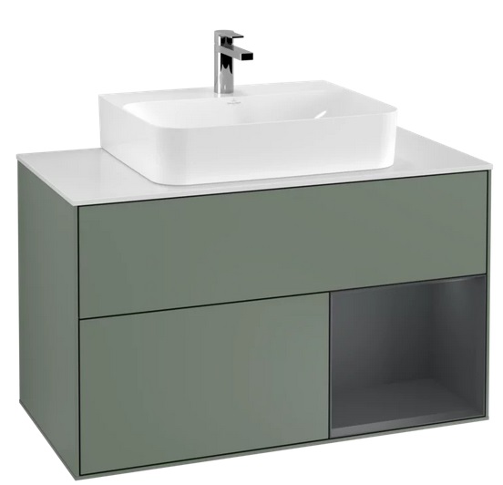 Тумба под раковину Villeroy & Boch Finion 100х50,1 см с подсветкой МДФ оливковый матовый лак/темно-синий матовый лак/стекло белое матовое F121HGGM