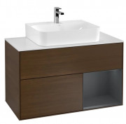 Тумба под раковину Villeroy & Boch Finion 100х50,1 см с подсветкой ДСП шпон грецкого ореха/темно-синий матовый лак/стекло белое матовое F121HGGN