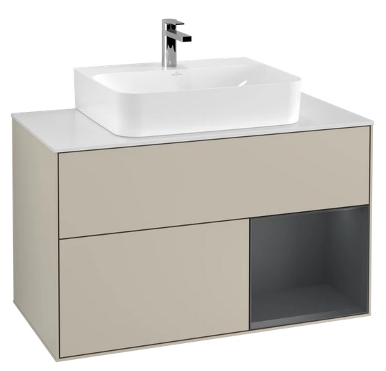 Тумба под раковину Villeroy & Boch Finion 100х50,1 см с подсветкой МДФ песок матовый лак/темно-синий матовый лак/стекло белое матовое F121HGHH