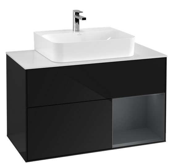 Тумба под раковину Villeroy & Boch Finion 100х50,1 см с подсветкой МДФ глянцевый черный лак/темно-синий матовый лак/стекло белое матовое F121HGPH