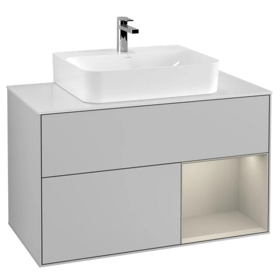 Тумба під раковину Villeroy & Boch Finion 100х50,1 см з підсвічуванням МДФ світло-сірий матовий лак/пісок матовий лак/скло біле матове F121HHGJ