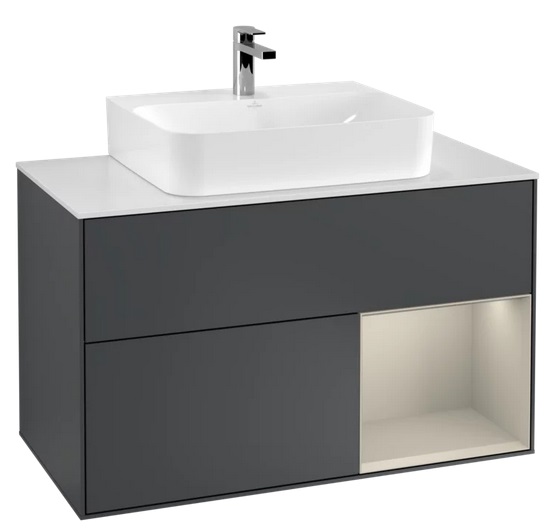 Тумба под раковину Villeroy & Boch Finion 100х50,1 см с подсветкой МДФ темно-синий матовый лак/песок матовый лак/стекло белое матовое F121HHHG