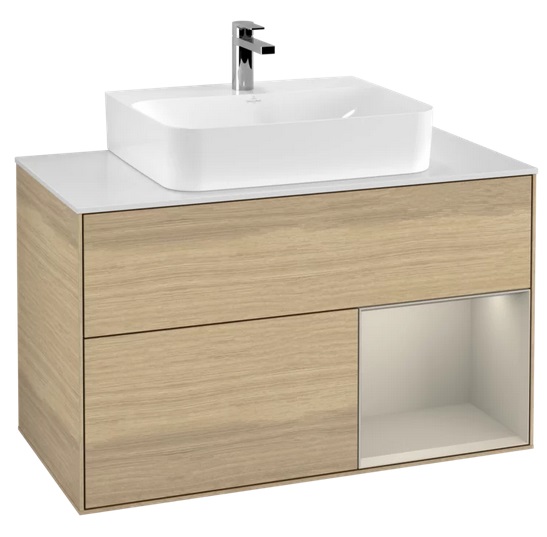 Тумба под раковину Villeroy & Boch Finion 100х50,1 см с подсветкой ДСП шпон дуба/песок матовый лак/стекло белое матовое F121HHPC