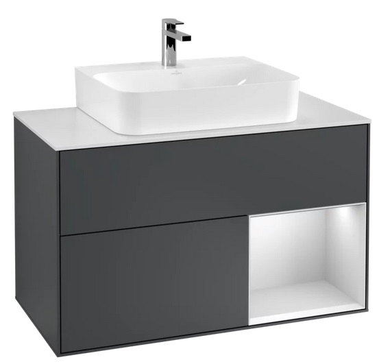 Тумба под раковину Villeroy & Boch Finion 100х50,1 см с подсветкой МДФ темно-синий матовый лак/белый матовый лак/стекло белое матовое F121MTHG