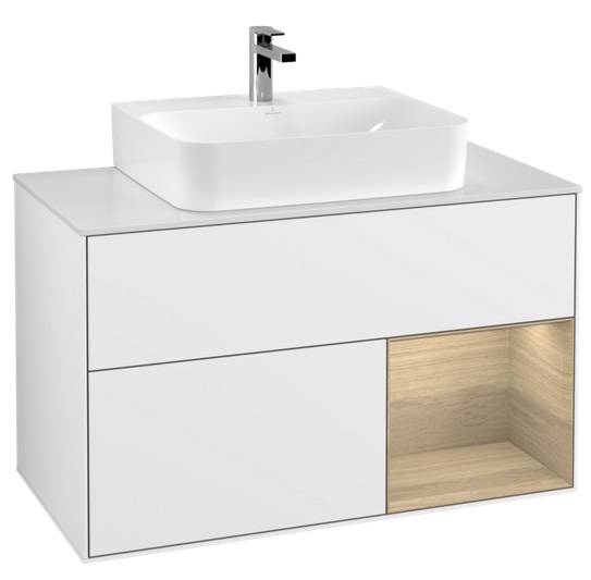 Тумба под раковину Villeroy & Boch Finion 100х50,1 см с подсветкой МДФ глянцевый белый лак/шпон дуба/стекло белое матовое F121PCGF