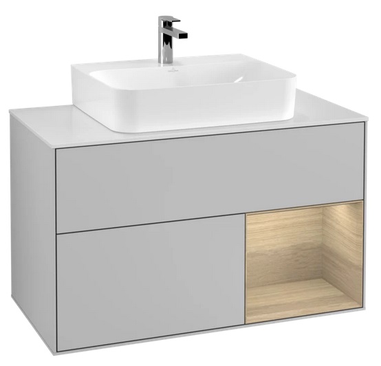 Тумба под раковину Villeroy & Boch Finion 100х50,1 см с подсветкой МДФ светло-серый матовый лак/шпон дуба/стекло белое матовое F121PCGJ