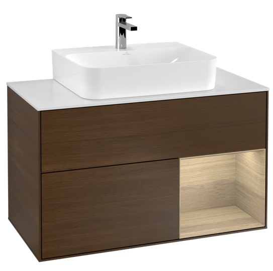 Тумба під раковину Villeroy & Boch Finion 100х50,1 см з підсвічуванням ДСП шпон волоського горіха/шпон дуба/скло біле матове F121PCGN