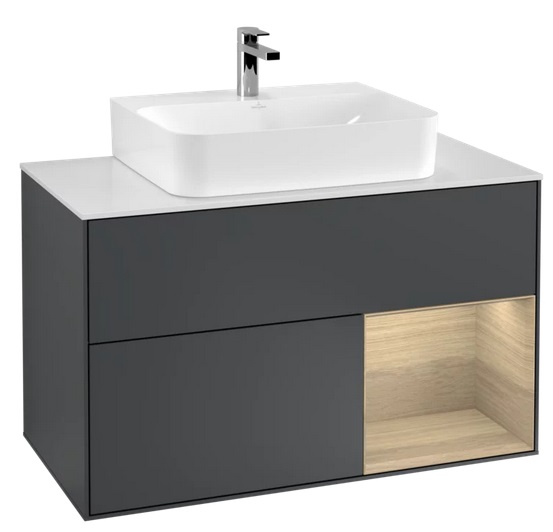 Тумба под раковину Villeroy & Boch Finion 100х50,1 см с подсветкой МДФ темно-синий матовый лак/шпон дуба/стекло белое матовое F121PCHG