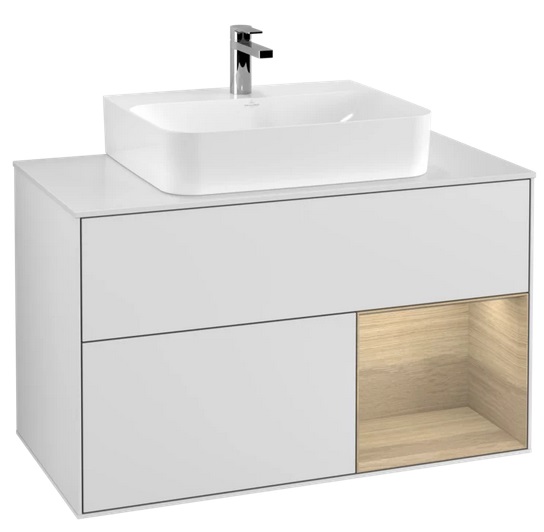 Тумба під раковину Villeroy & Boch Finion 100х50,1 см з підсвічуванням МДФ білий матовий лак/шпон дуба/скло біле матове F121PCMT