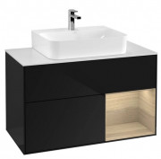 Тумба под раковину Villeroy & Boch Finion 100х50,1 см с подсветкой МДФ глянцевый черный лак/шпон дуба/стекло белое матовое F121PCPH