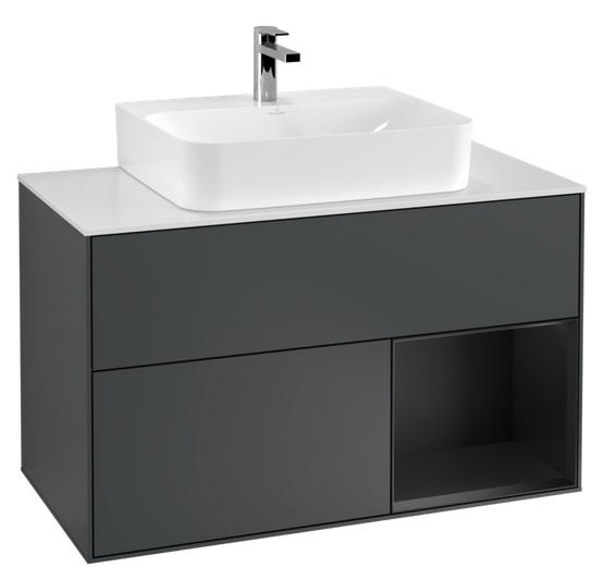 Тумба под раковину Villeroy & Boch Finion 100х50,1 см с подсветкой МДФ темно-синий матовый лак/черный матовый лак/стекло белое матовое F121PDHG