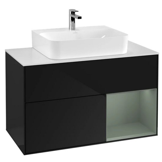 Тумба под раковину Villeroy & Boch Finion 100х50,1 см с подсветкой МДФ глянцевый черный лак/оливковый матовый лак/стекло белое матовое F121GMPH