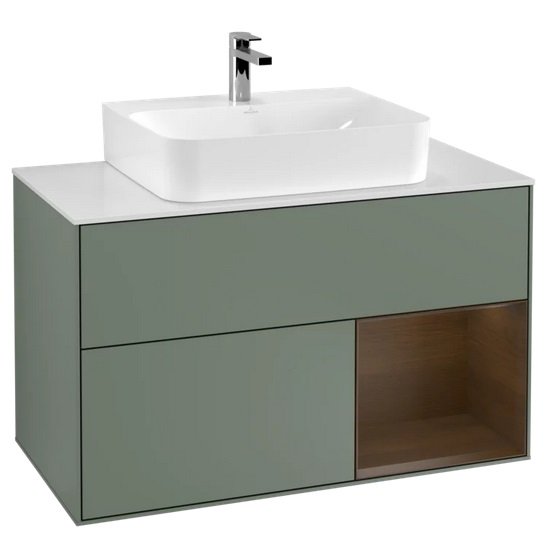 Тумба под раковину Villeroy & Boch Finion 100х50,1 см с подсветкой МДФ оливковый матовый лак/шпон грецкого ореха/стекло белое матовое F121GNGM