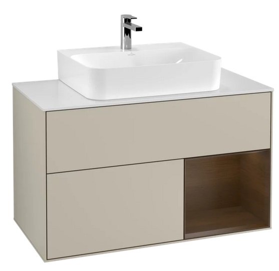 Тумба под раковину Villeroy & Boch Finion 100х50,1 см с подсветкой МДФ песок матовый лак/шпон грецкого ореха/стекло белое матовое F121GNHH