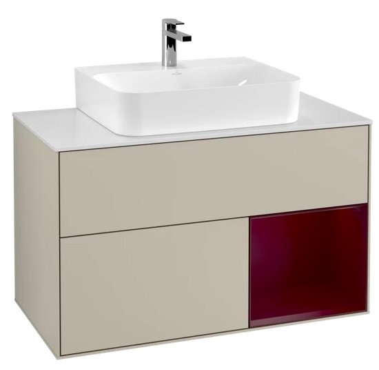 Тумба под раковину Villeroy & Boch Finion 100х50,1 см с подсветкой МДФ песок матовый лак/пион матовый лак/стекло белое матовое F121HBHH