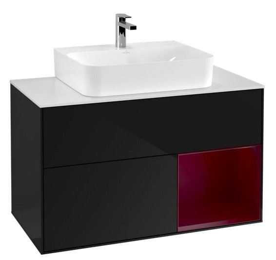 Тумба под раковину Villeroy & Boch Finion 100х50,1 см с подсветкой МДФ глянцевый черный лак/пион матовый лак/стекло белое матовое F121HBPH