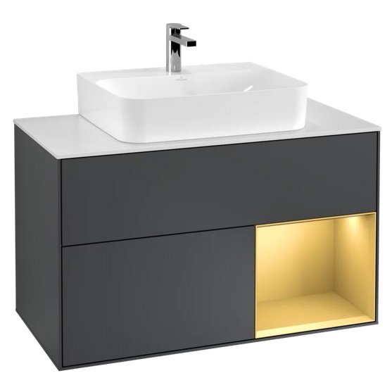 Тумба під раковину Villeroy & Boch Finion 100х50,1 см із підсвічуванням МДФ темно-синій матовий лак/золото матовий лак/скло біле матове F121HFHG