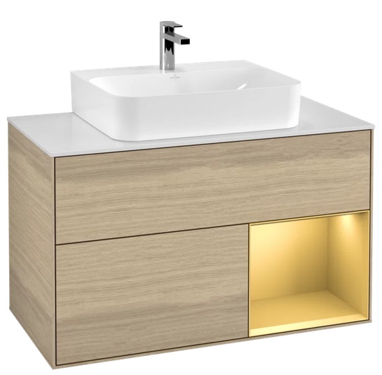 Тумба под раковину Villeroy & Boch Finion 100х50,1 см с подсветкой ДСП шпон дуба/золото матовый лак/стекло белое матовое F121HFPC