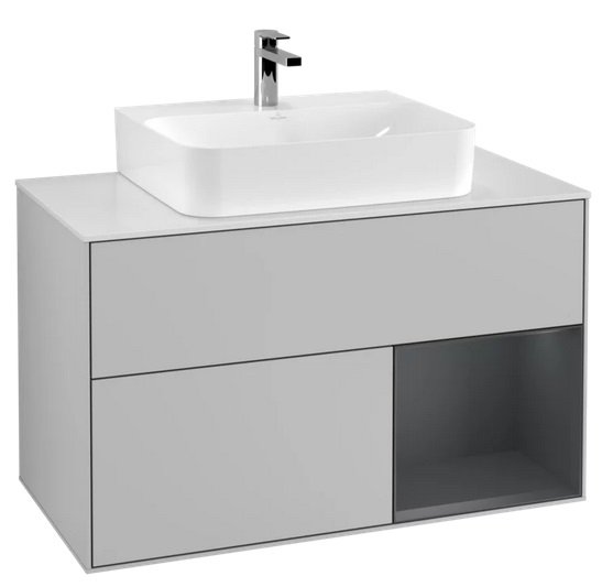 Тумба під раковину Villeroy & Boch Finion 100х50,1 см із підсвічуванням МДФ світло-сірий матовий лак/темно-синій матовий лак/скло біле матове F121HGGJ