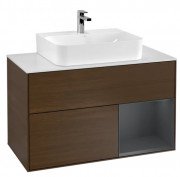 Тумба под раковину Villeroy & Boch Finion 100х50,1 см с подсветкой ДСП шпон грецкого ореха/темно-синий матовый лак/стекло белое матовое F121HGGN