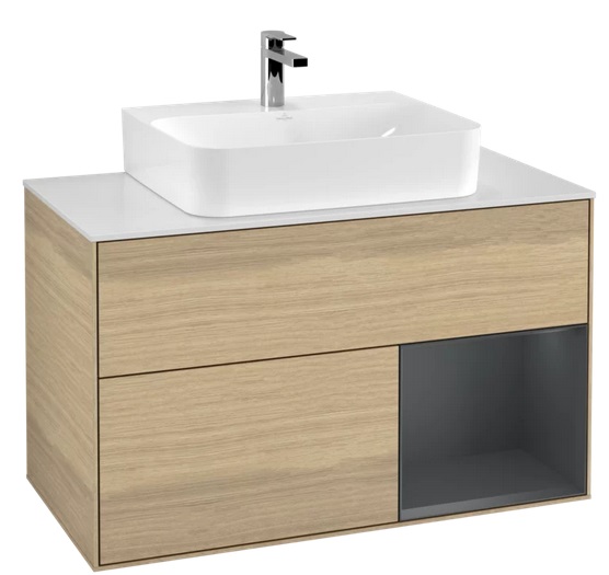 Тумба под раковину Villeroy & Boch Finion 100х50,1 см с подсветкой ДСП шпон дуба/темно-синий матовый лак/стекло белое матовое F121HGPC