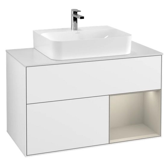 Тумба под раковину Villeroy & Boch Finion 100х50,1 см с подсветкой МДФ глянцевый белый лак/песок матовый лак/стекло белое матовое F121HHGF