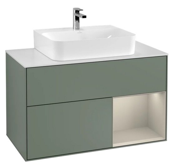 Тумба під раковину Villeroy & Boch Finion 100х50,1 см із підсвічуванням МДФ оливковий матовий лак/пісок матовий лак/скло біле матове F121HHGM