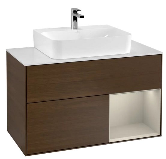 Тумба под раковину Villeroy & Boch Finion 100х50,1 см с подсветкой ДСП шпон грецкого ореха/песок матовый лак/стекло белое матовое F121HHGN